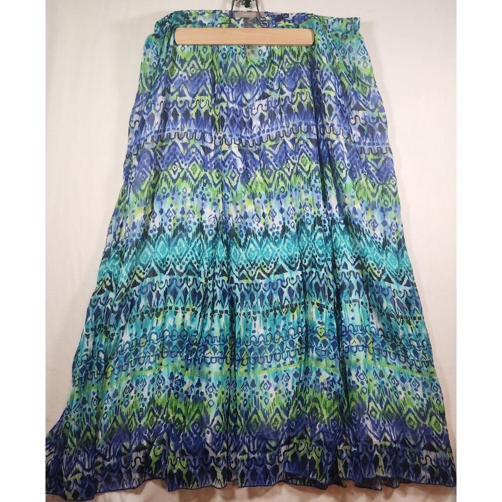 Tanjay Petites Blue Green Ikat Print Crinkle Maxi‎ Skirt 14P Boho Tiered Lined